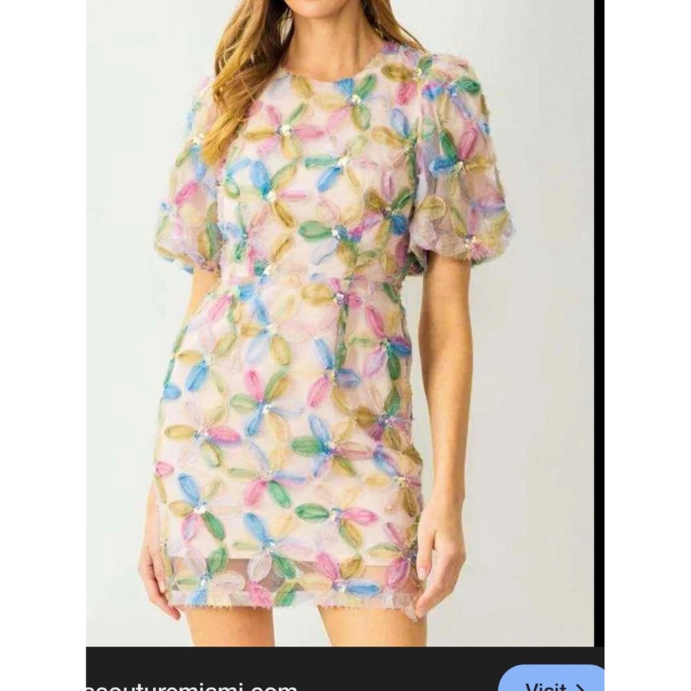 Entro Womens Floral Embellished Sequin Mini Dress M Puff Sleeve Fairy Whimsical